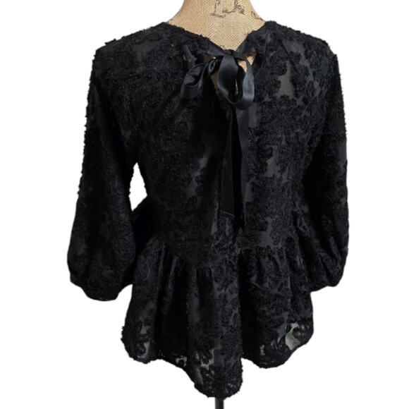 Altar'd State Chic Black Lace Burnout Velvet Slightly Sheer Peplum Blouse Size S - Picture 3 of 6